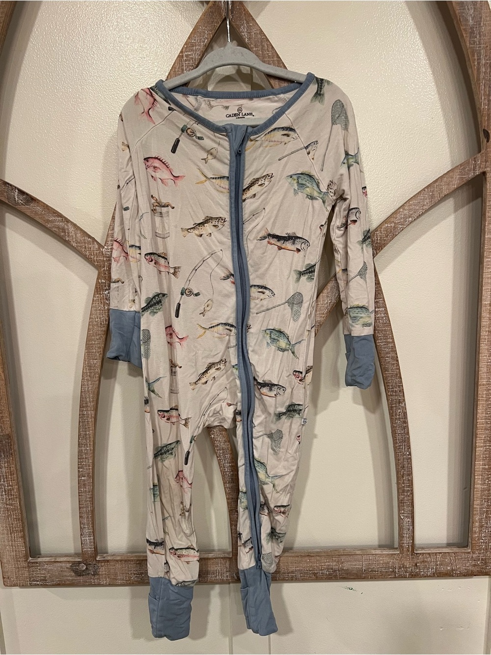 Caden Lane Beige Fish Print Footie size 12-18 months